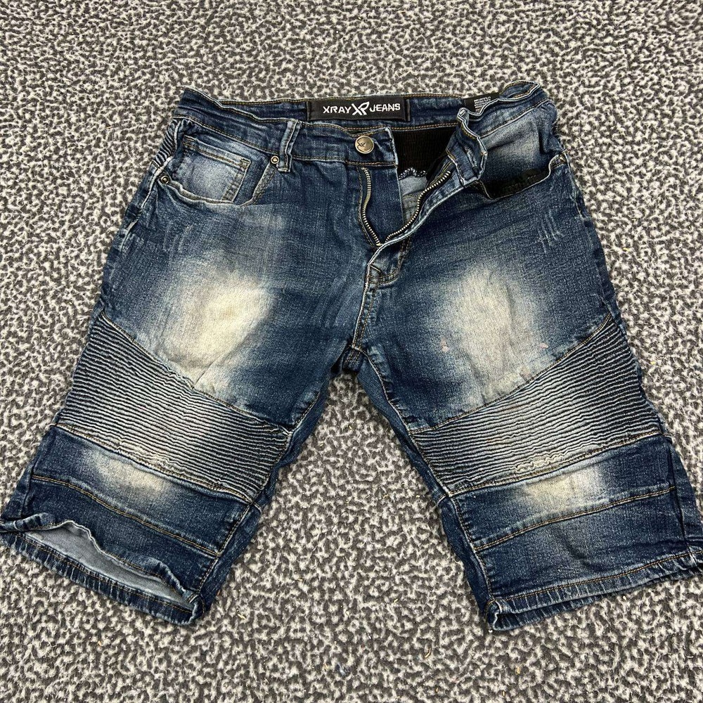 XRAY Jeans Mens Blue Moto‎ Biker Denim Shorts Size 32 Distressed Bleach Spots